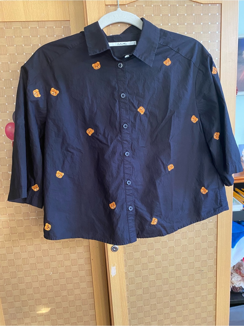 Black Button-Front Shirt with Orange Bear Embroidery
